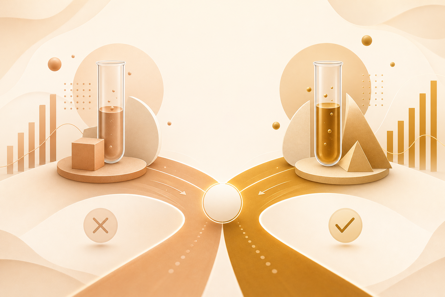 Abstract hypothesis testing illustration with diverging A/B paths in warm golden-brown palette