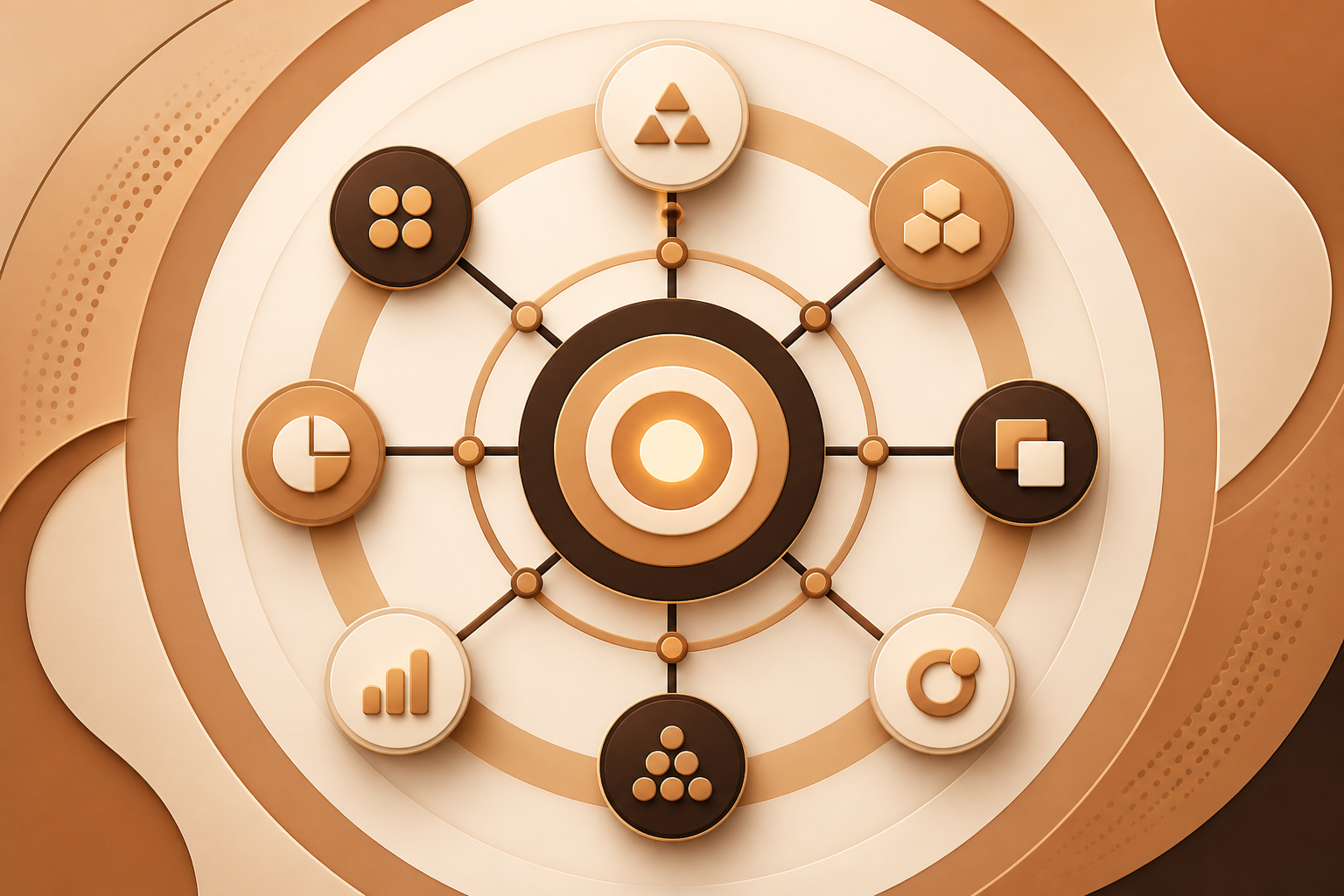 Abstract cross-functional team alignment illustration with converging nodes in caramel tones