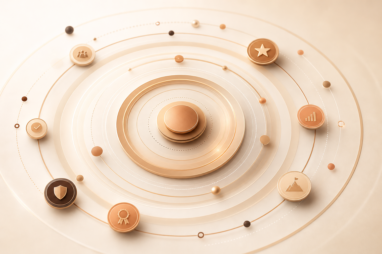 Abstract client success outcomes illustration with radiating impact rings in caramel tones