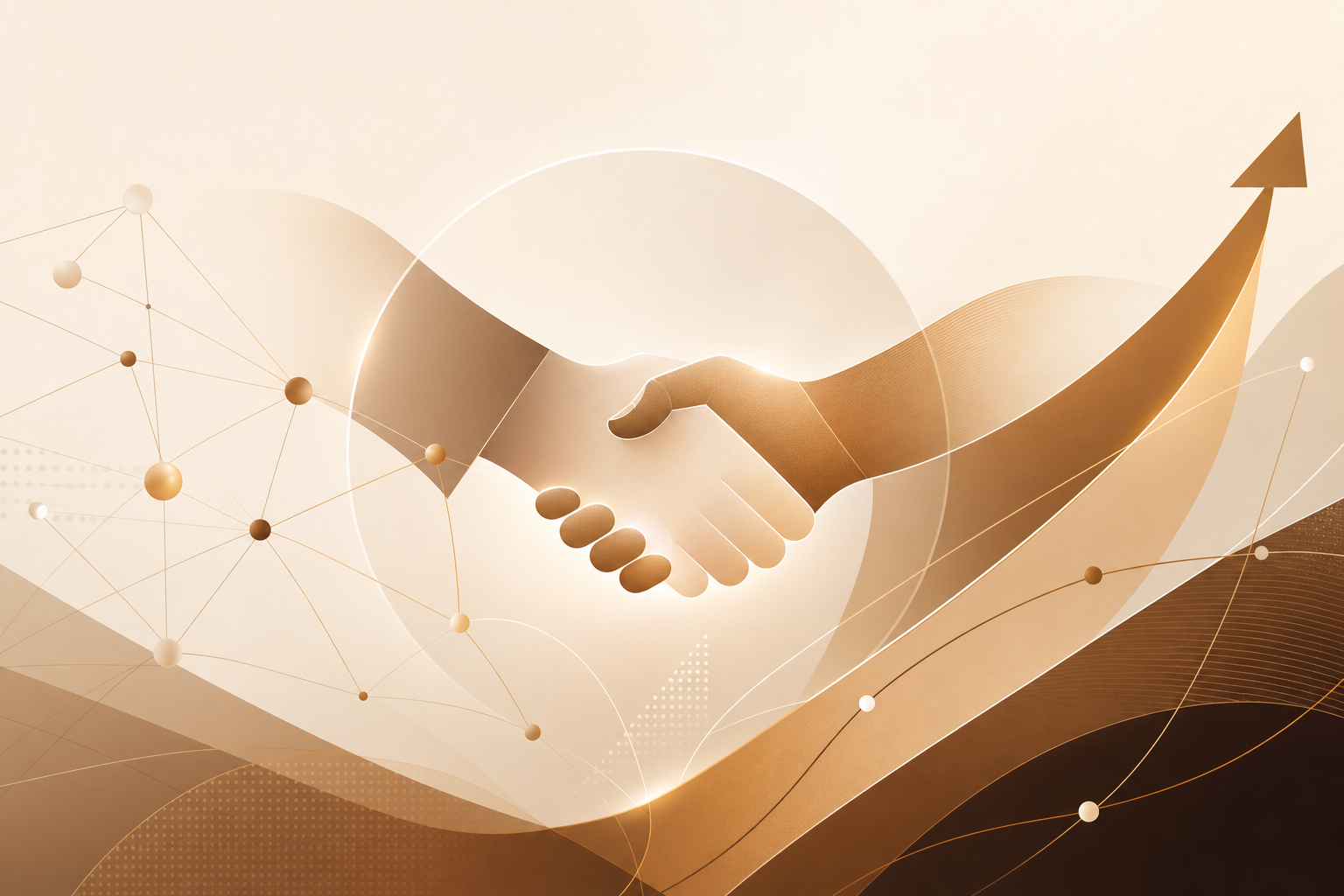 Abstract illustration of business partnership and connected marketing networks in warm caramel tones