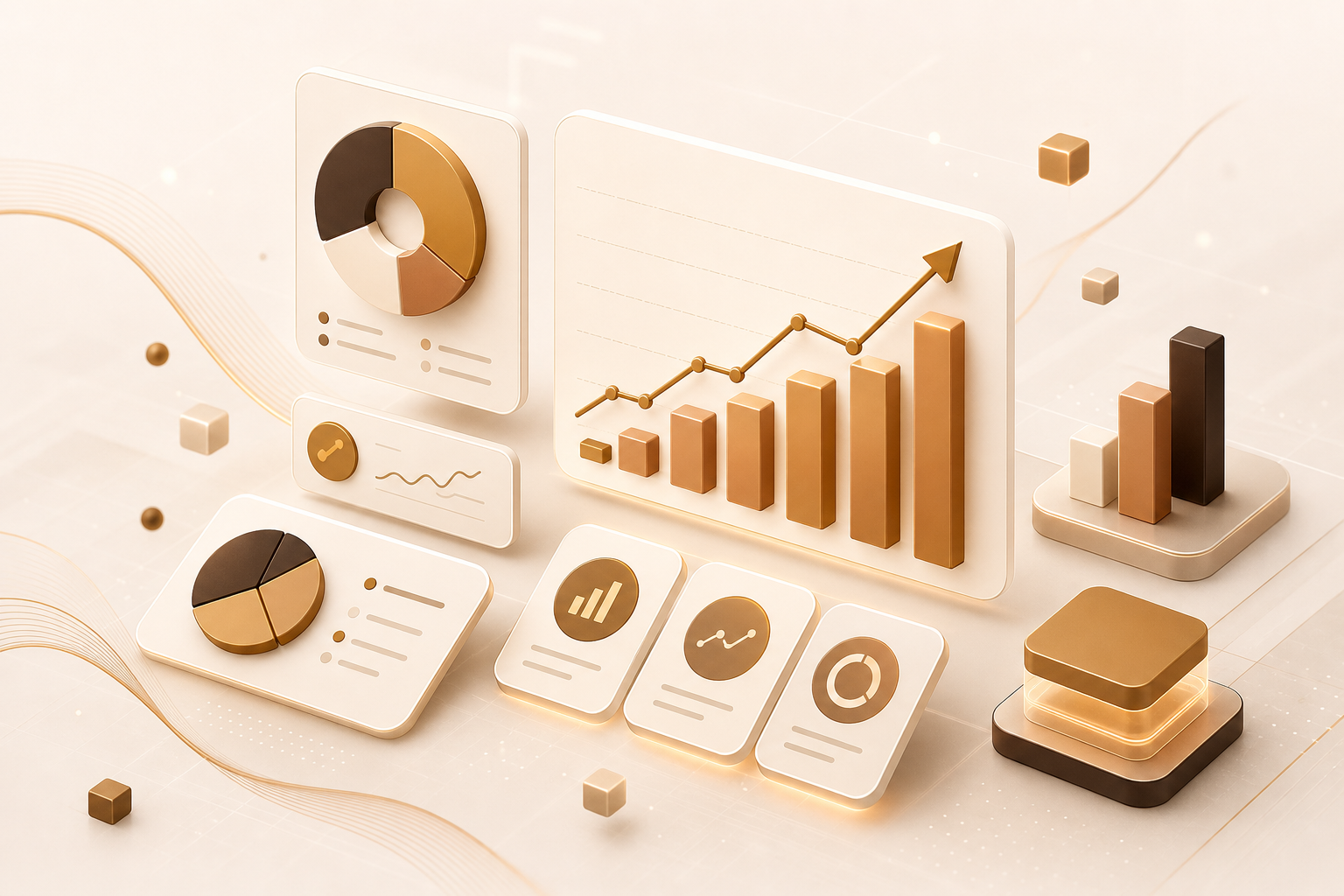 Abstract ROI and revenue growth dashboard visualization in caramel and cream tones