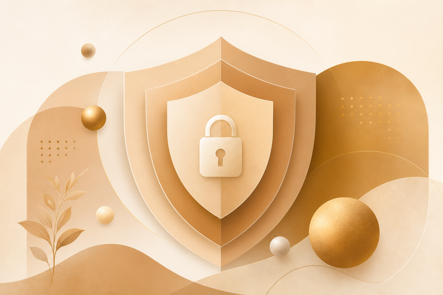 Abstract trust and data compliance shield illustration in warm golden-brown palette