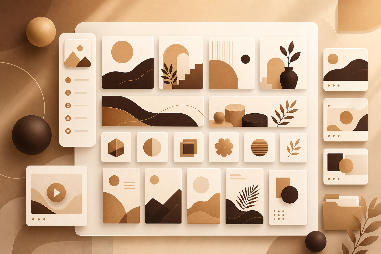 Abstract digital asset library with organised template thumbnails in caramel tones