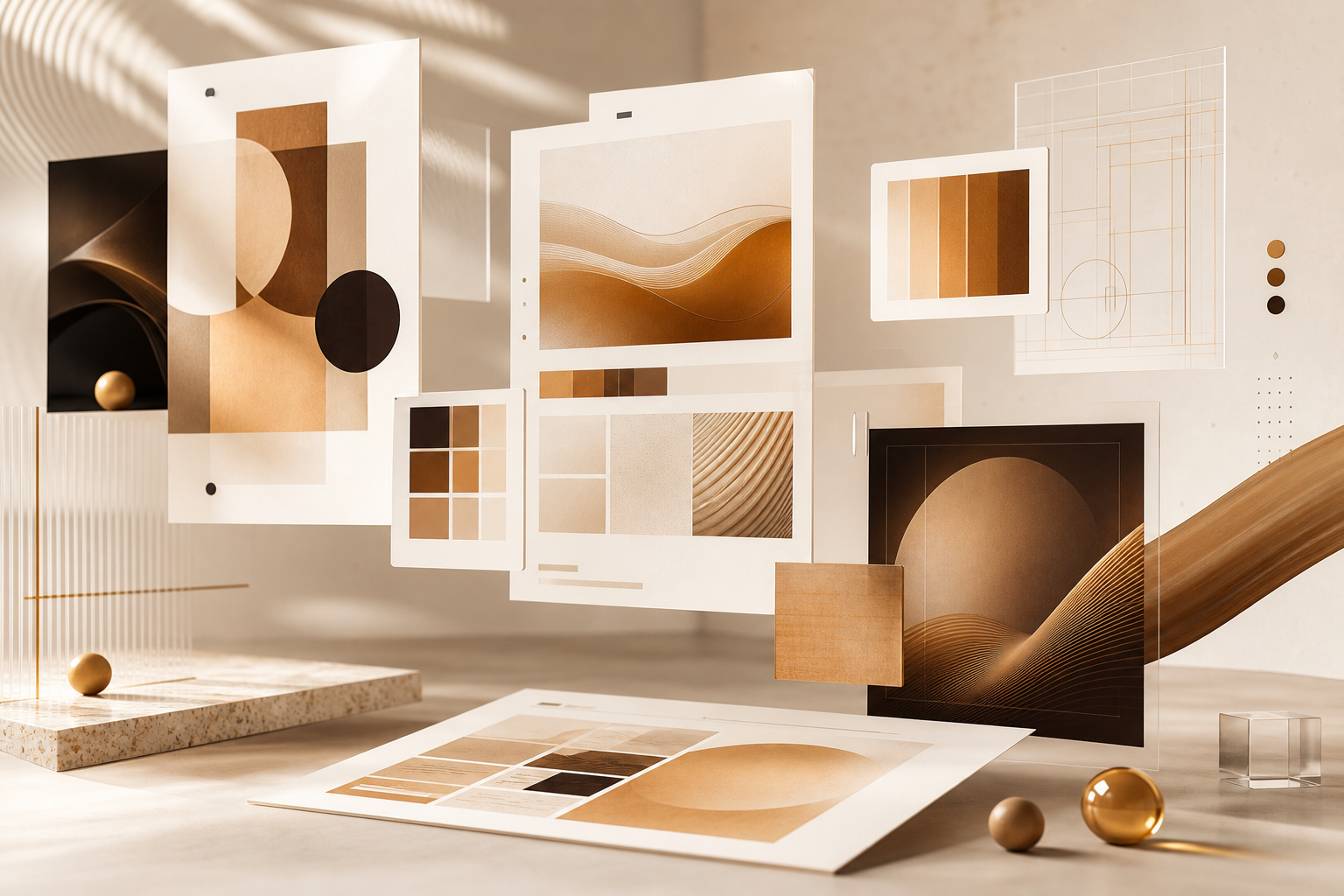 Abstract creative design studio with floating artboards and colour palettes in warm caramel tones