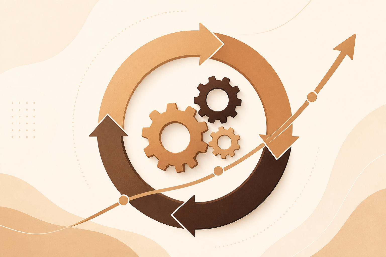 Abstract continuous improvement cycle with feedback loops in warm caramel tones