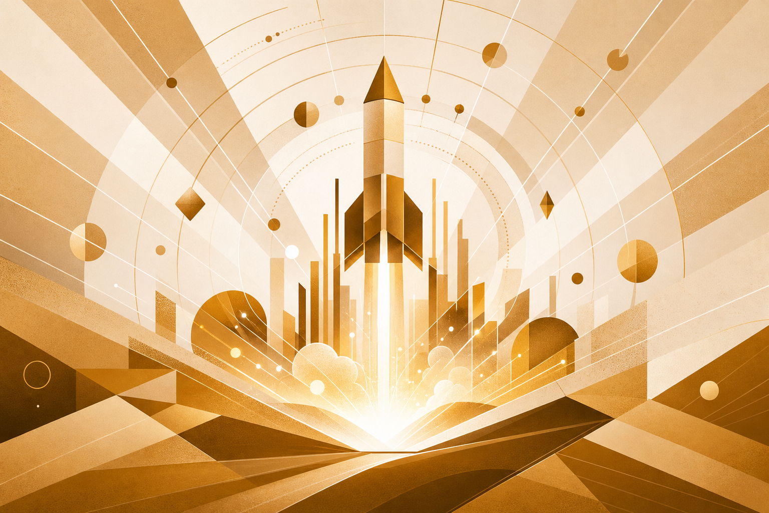 Abstract campaign launch and activation illustration with radiating signal waves in golden-brown tones