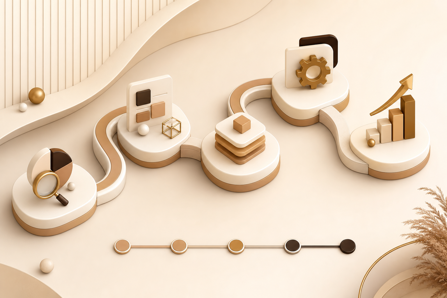 Abstract workflow pipeline showing connected project stages in warm caramel tones