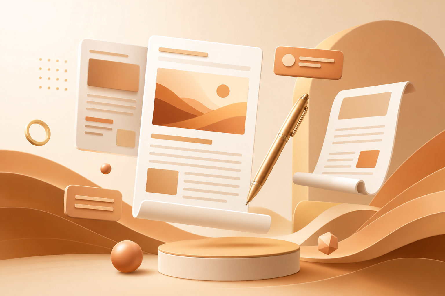 Abstract content marketing illustration with document layouts and editorial elements in caramel palette