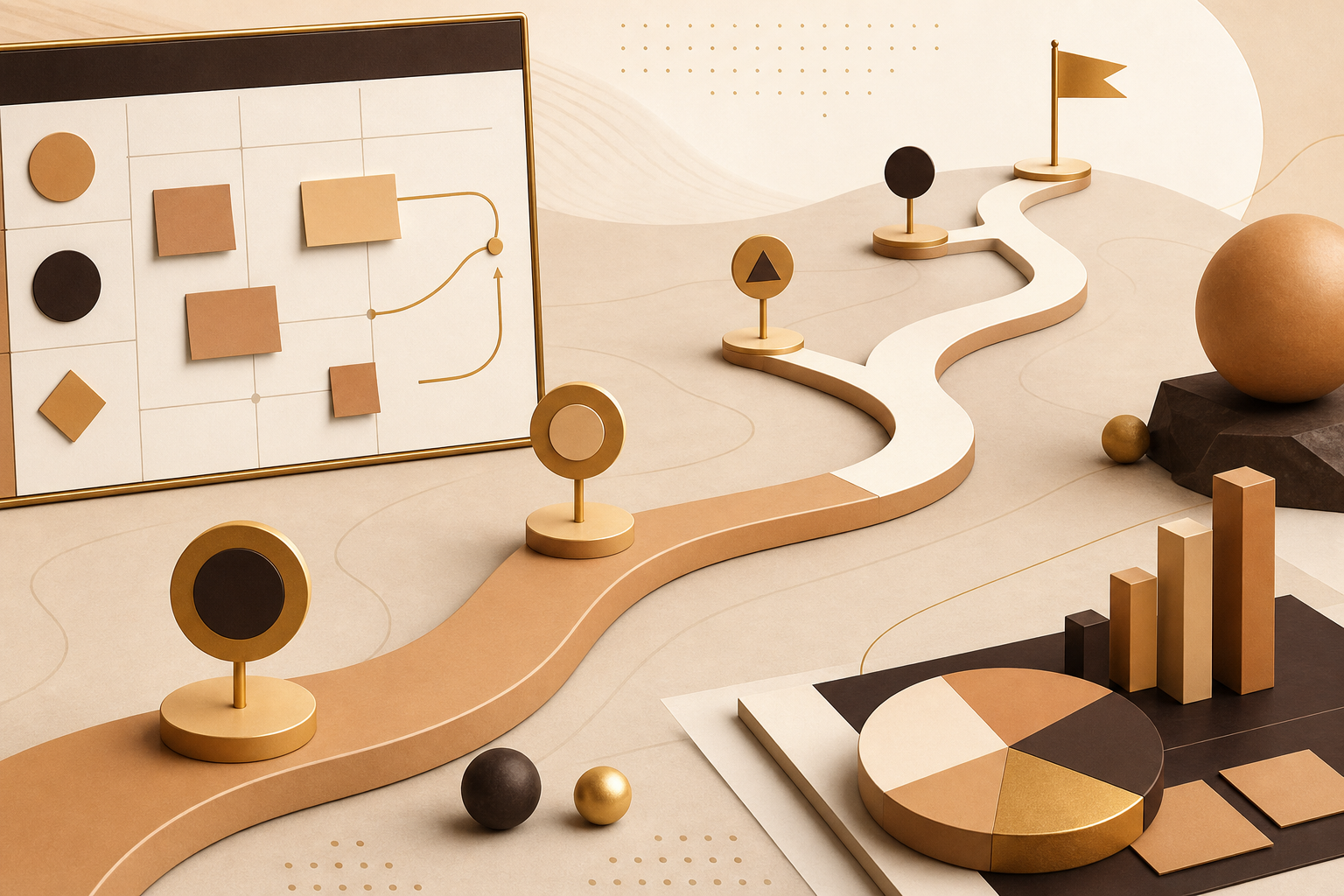 Abstract digital strategy and planning illustration with roadmap elements in warm caramel tones