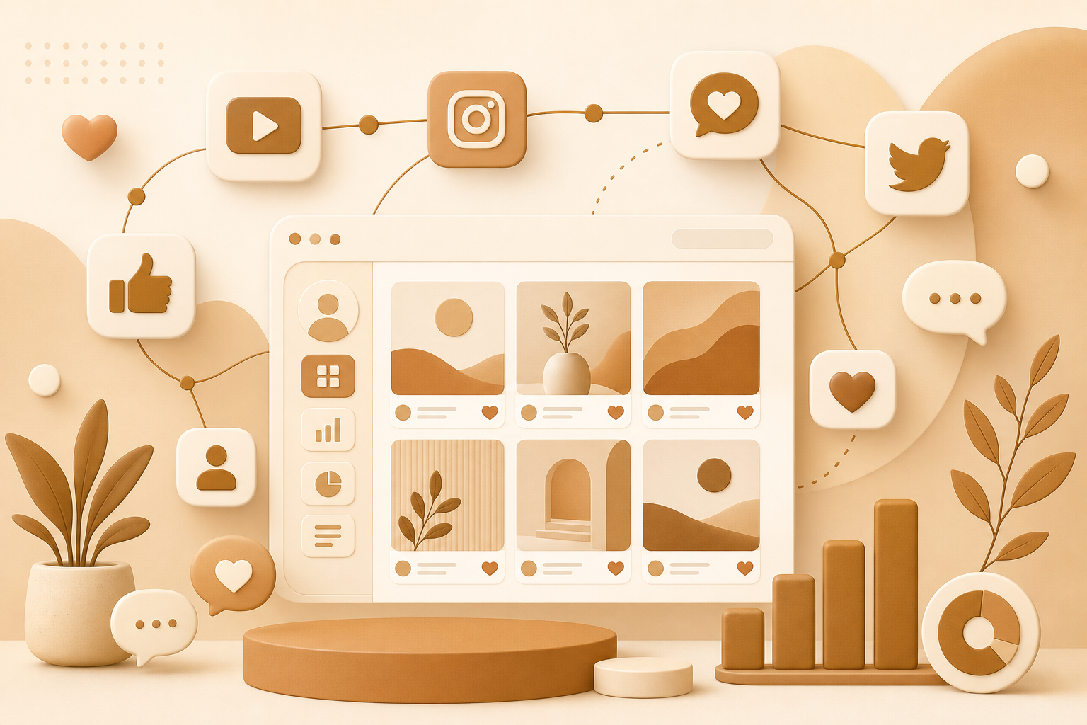 Abstract social media management illustration with platform icons and engagement elements