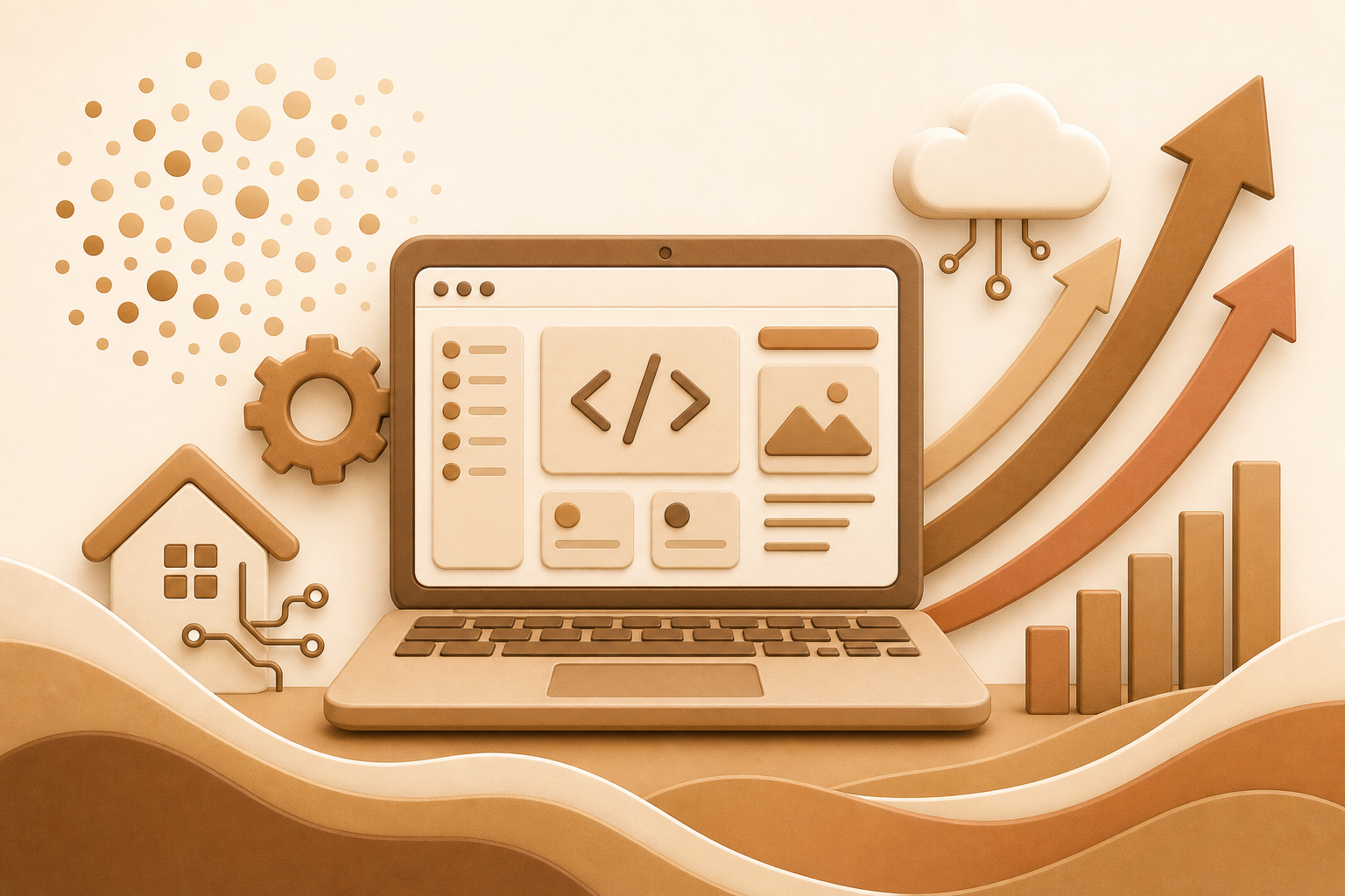 Abstract business and domestic software development illustration with laptop, code elements and growth indicators