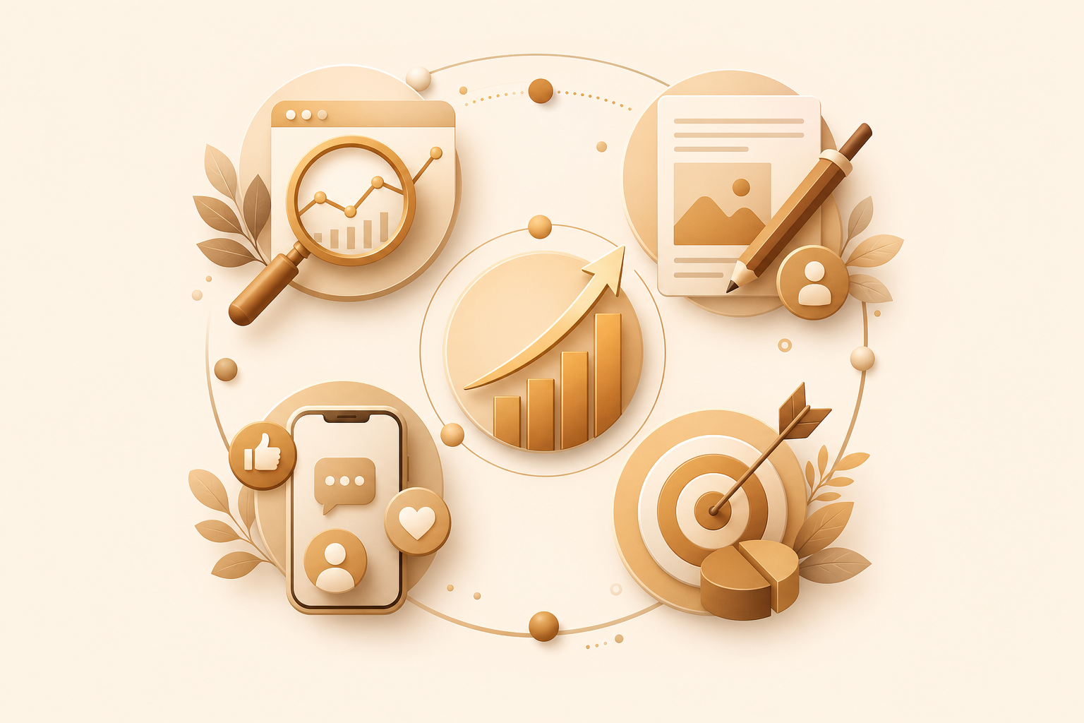 Abstract illustration representing integrated digital marketing services including analytics, content, and brand growth